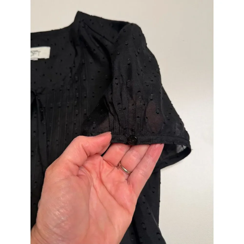 LOFT Black Swiss Dot Blouse Tie Neck Pintuck Button Front Puff Sleeve Womens Top
